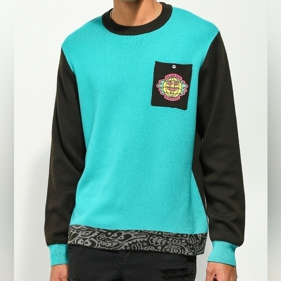 NWOT KILLER ACID X THE BINDLE CONSPIRACY World Wide Mens Teal & Black Sweater - Picture 1 of 12